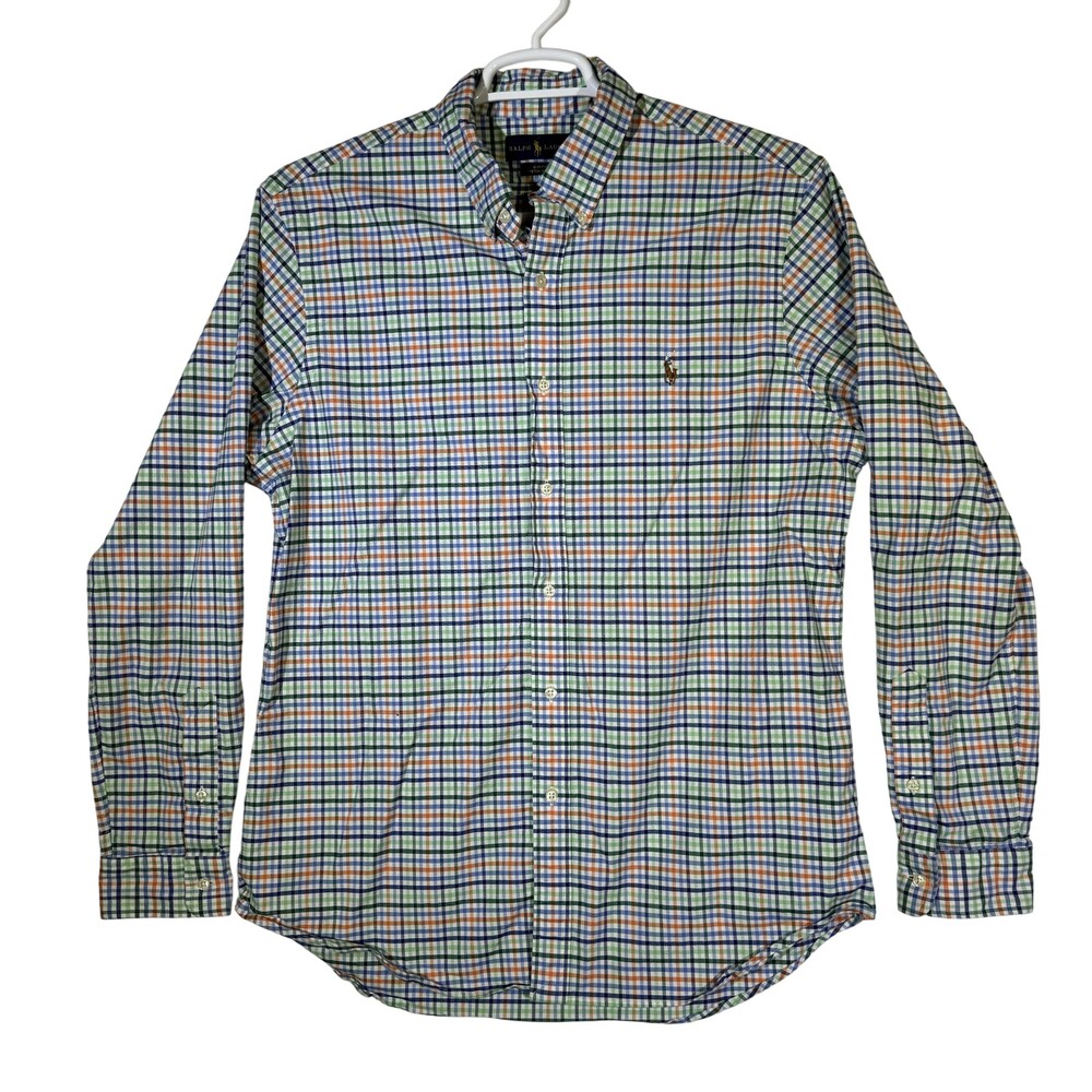 Ralph Lauren Shirt Mens XL Blue Green Orange Plaid Stretch Oxford Slim Fit Polo